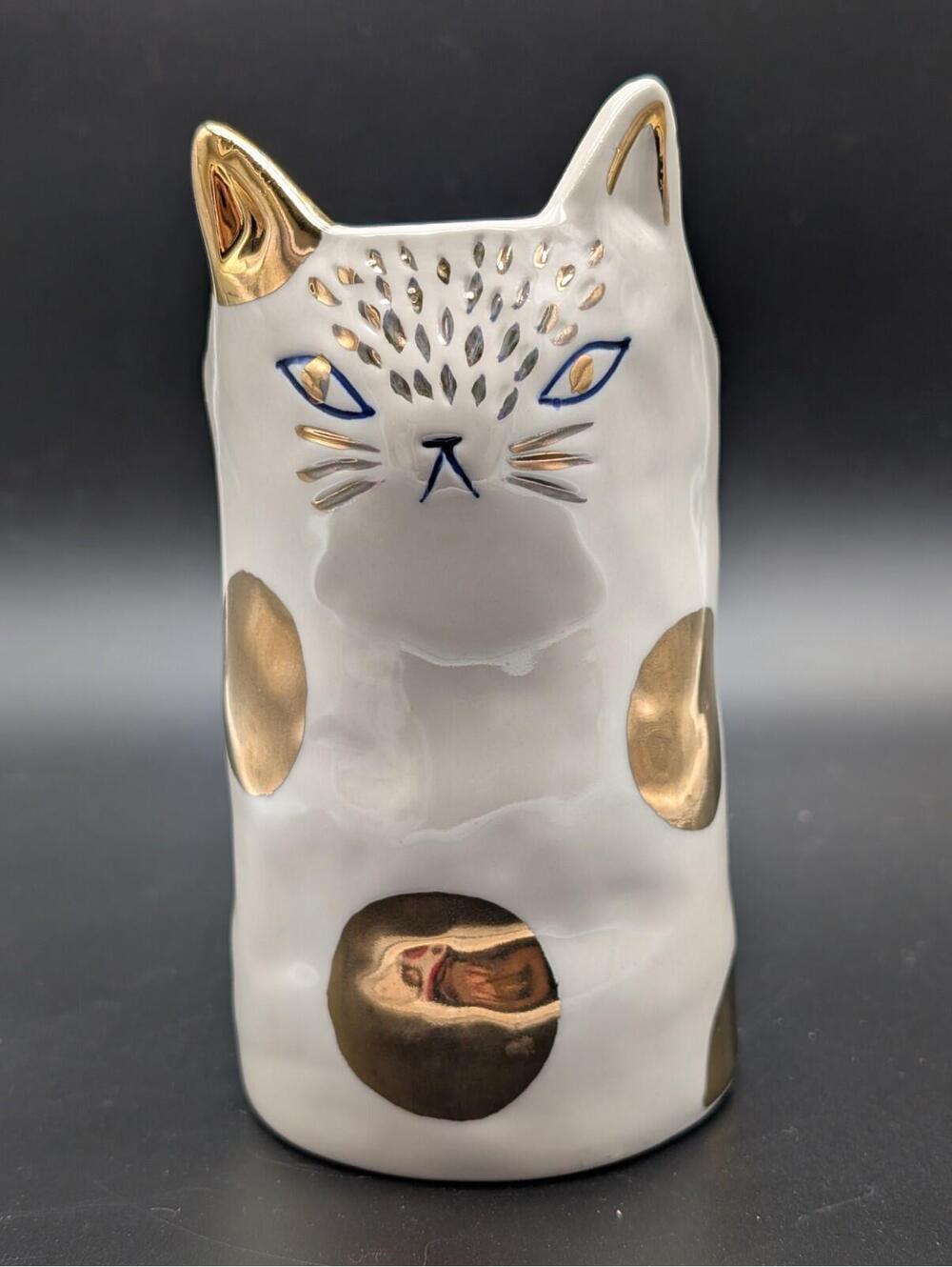Anthropologie BIRDCANFOX White and Gold Cat Vase